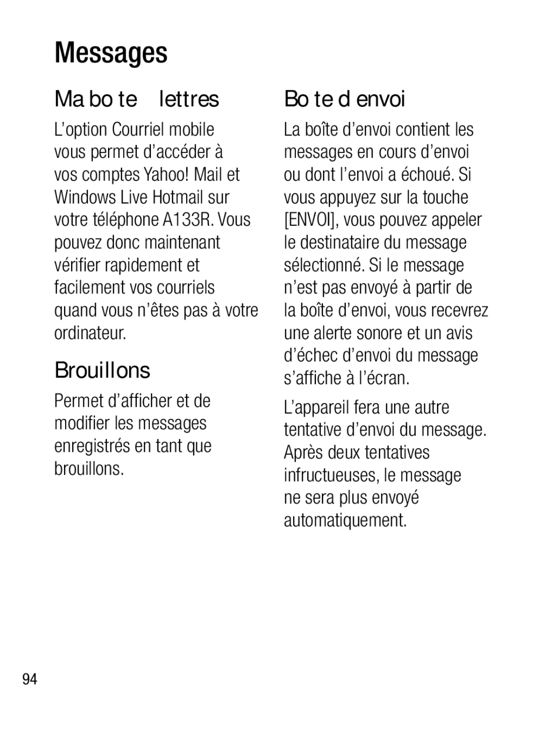 LG Electronics A133R manual Ma boîte à lettres, Brouillons, Boîte d’envoi 