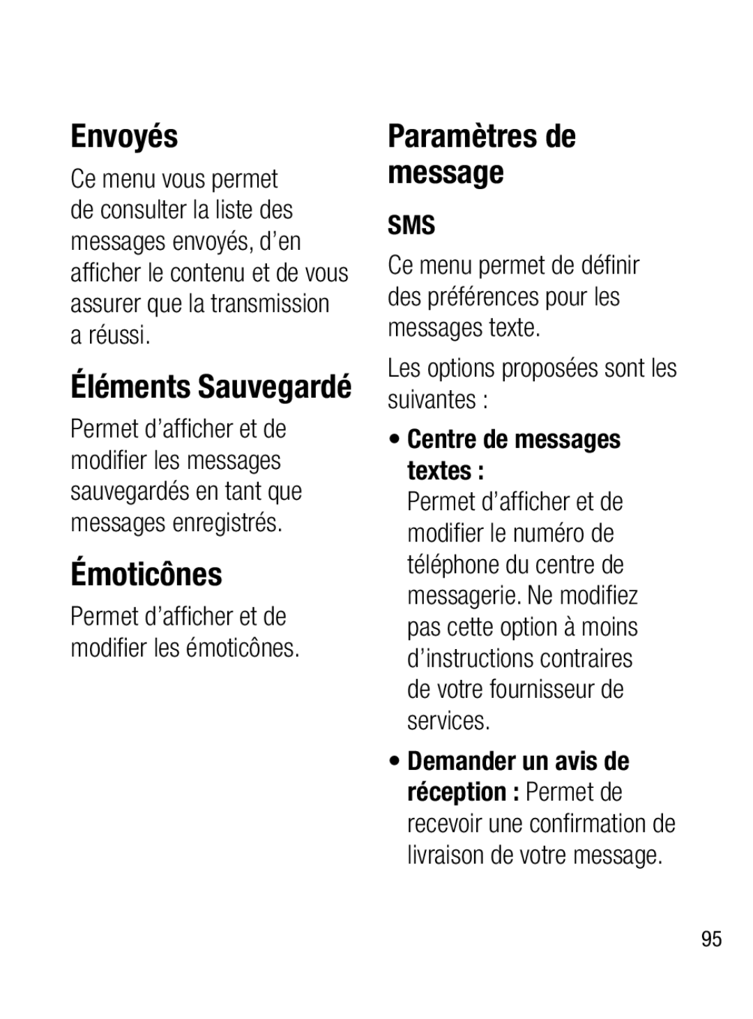 LG Electronics A133R manual Envoyés, Émoticônes, Paramètres de message, Éléments Sauvegardé 