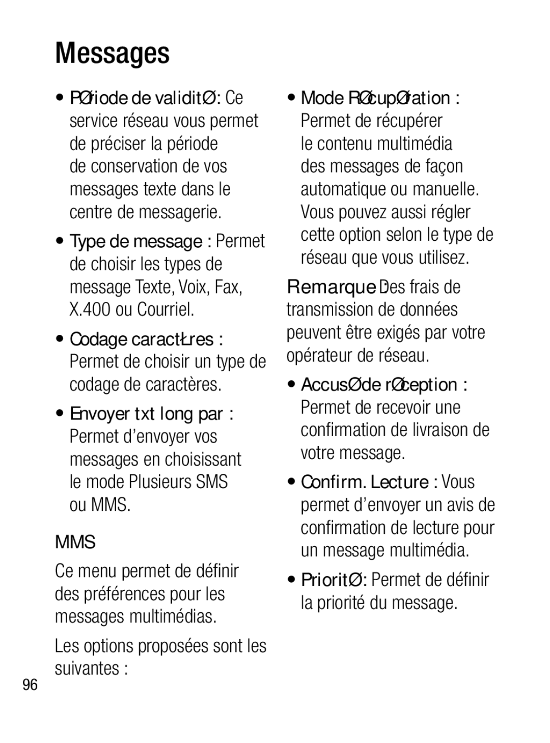 LG Electronics A133R manual Les options proposées sont les suivantes, Priorité Permet de déﬁ nir la priorité du message 