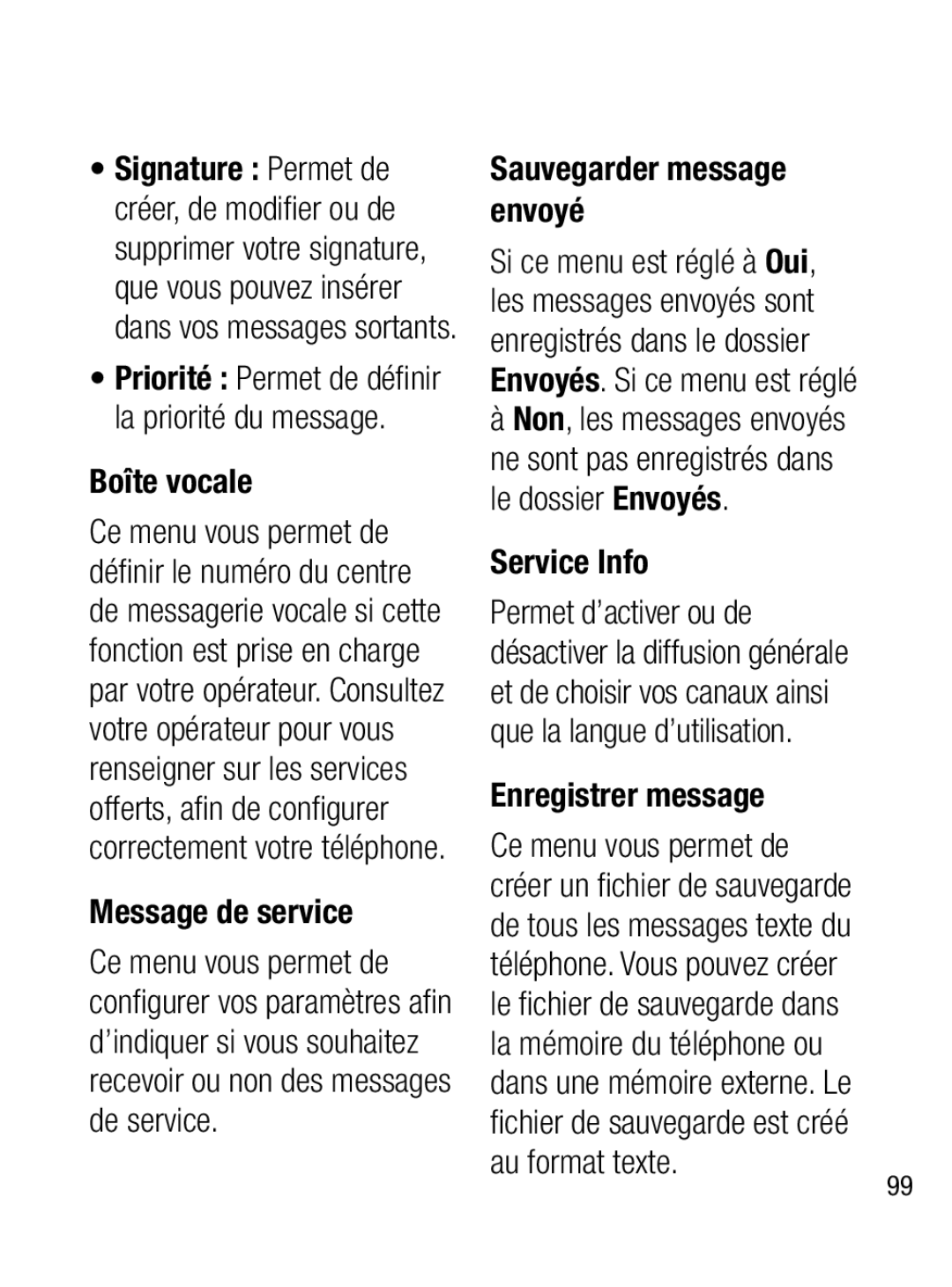 LG Electronics A133R manual Message de service, Sauvegarder message envoyé, Service Info, Enregistrer message 