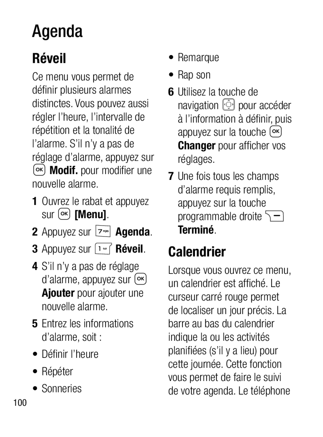 LG Electronics A133R manual Agenda, Réveil, Calendrier 