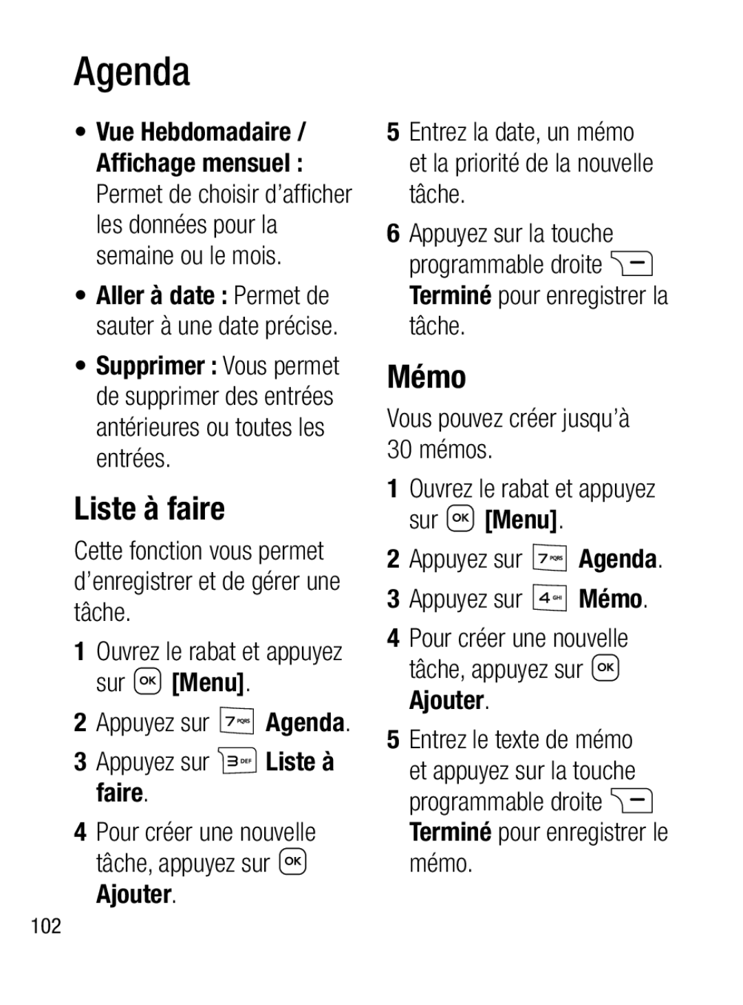 LG Electronics A133R manual Mémo, Appuyez sur Agenda Appuyez sur Liste à faire, Vous pouvez créer jusqu’à 30 mémos 