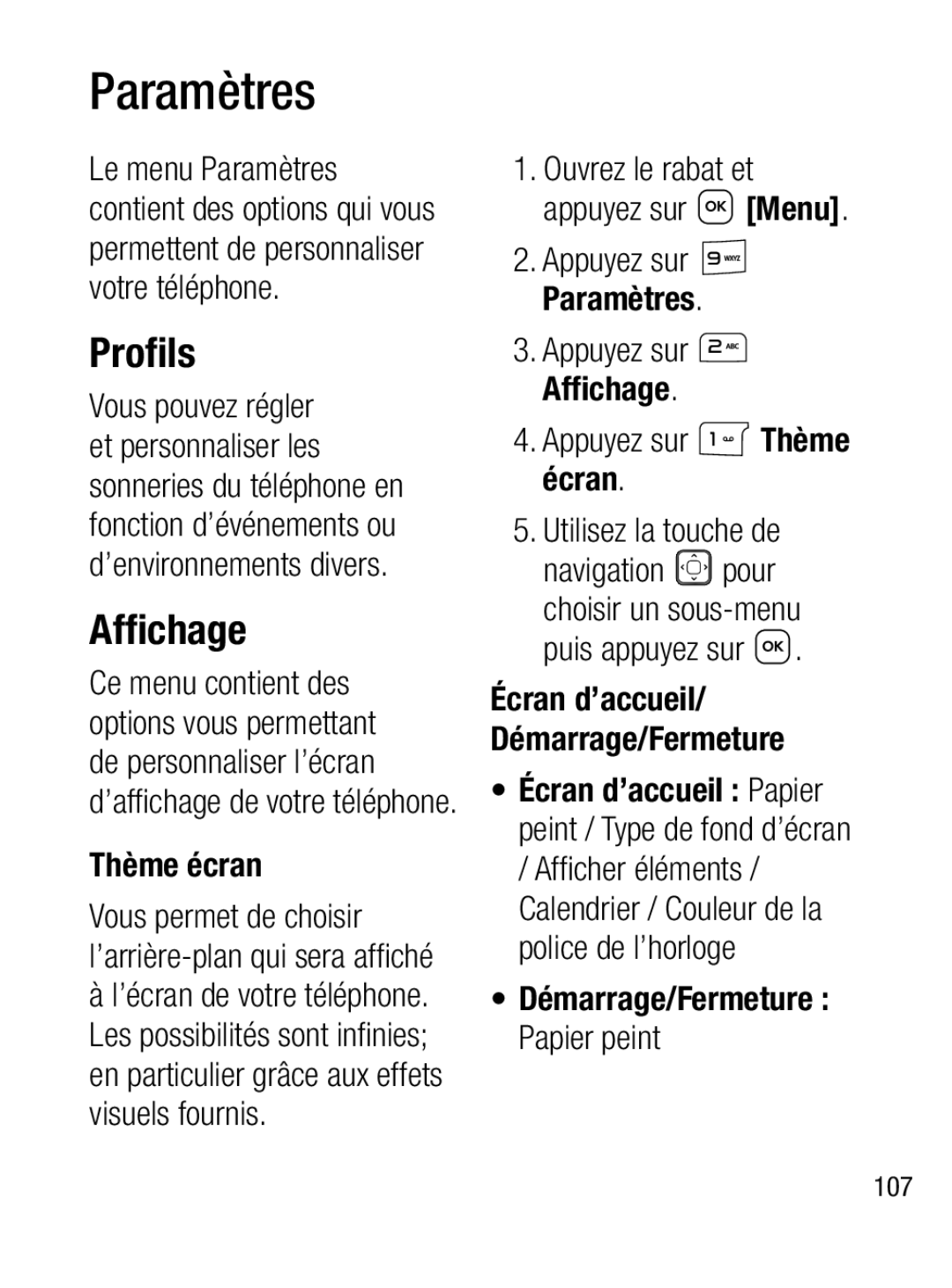 LG Electronics A133R manual Paramètres, Proﬁls, Afﬁchage 