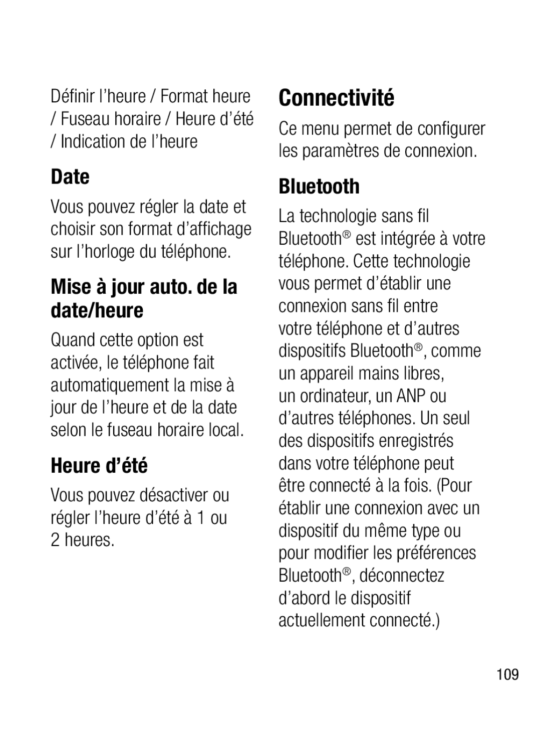 LG Electronics A133R manual Connectivité, Mise à jour auto. de la date/heure, Heure d’été, Indication de l’heure 