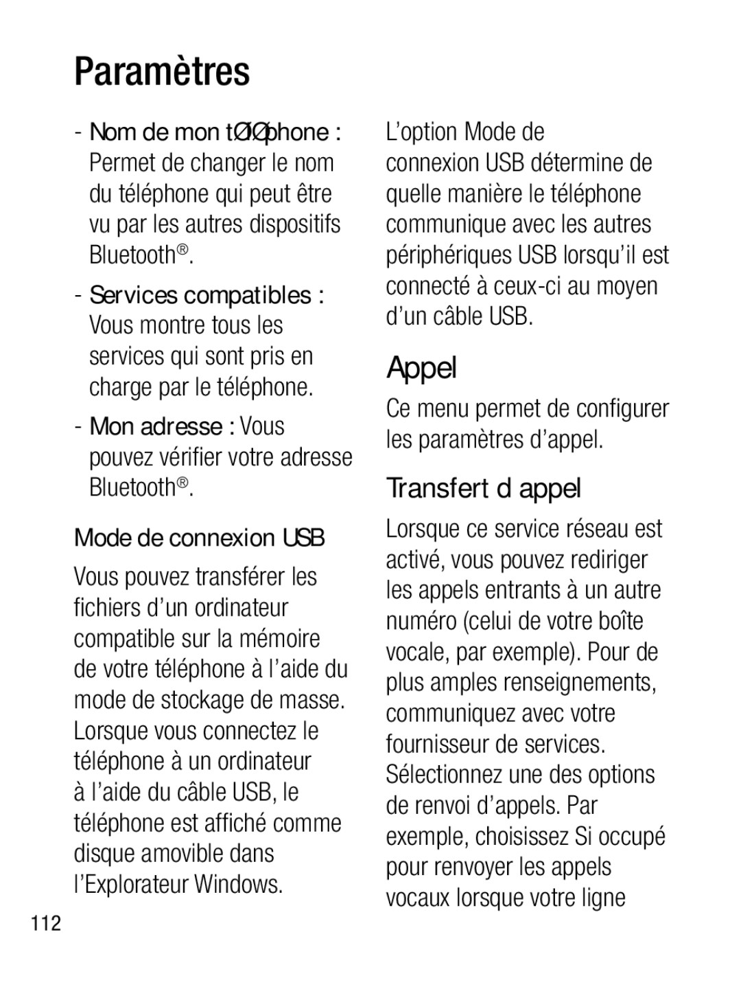 LG Electronics A133R manual Appel, Transfert d’appel, ’option Mode de, Ce menu permet de conﬁ gurer les paramètres d’appel 