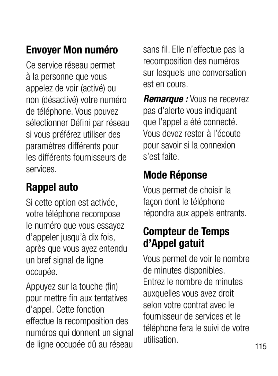 LG Electronics A133R manual Envoyer Mon numéro, Rappel auto, Mode Réponse, Ce service réseau permet 