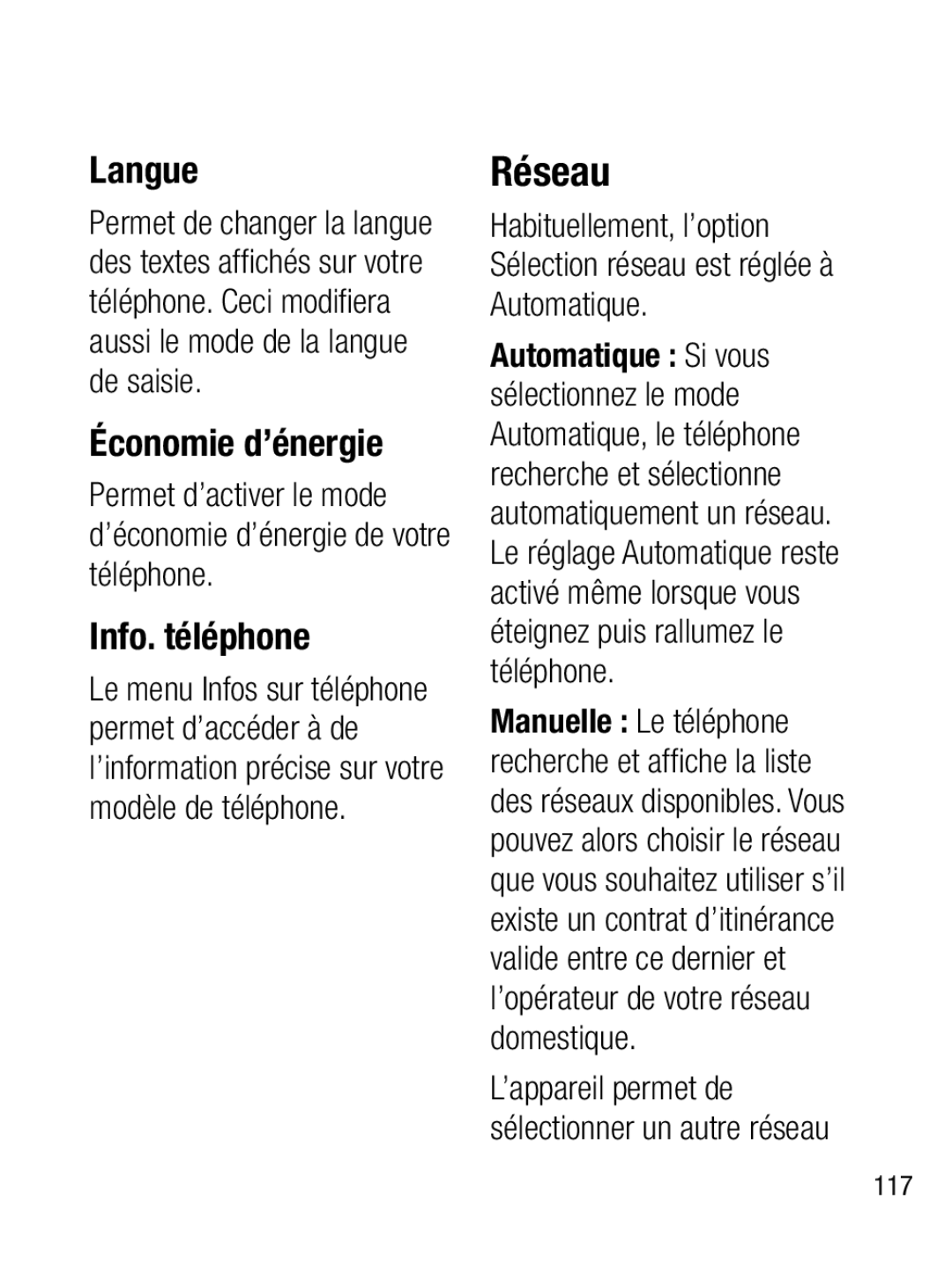 LG Electronics A133R manual Réseau, Langue, Économie d’énergie, Info. téléphone 