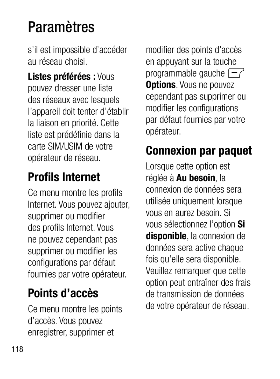 LG Electronics A133R manual Proﬁls Internet, Points d’accès, Connexion par paquet 