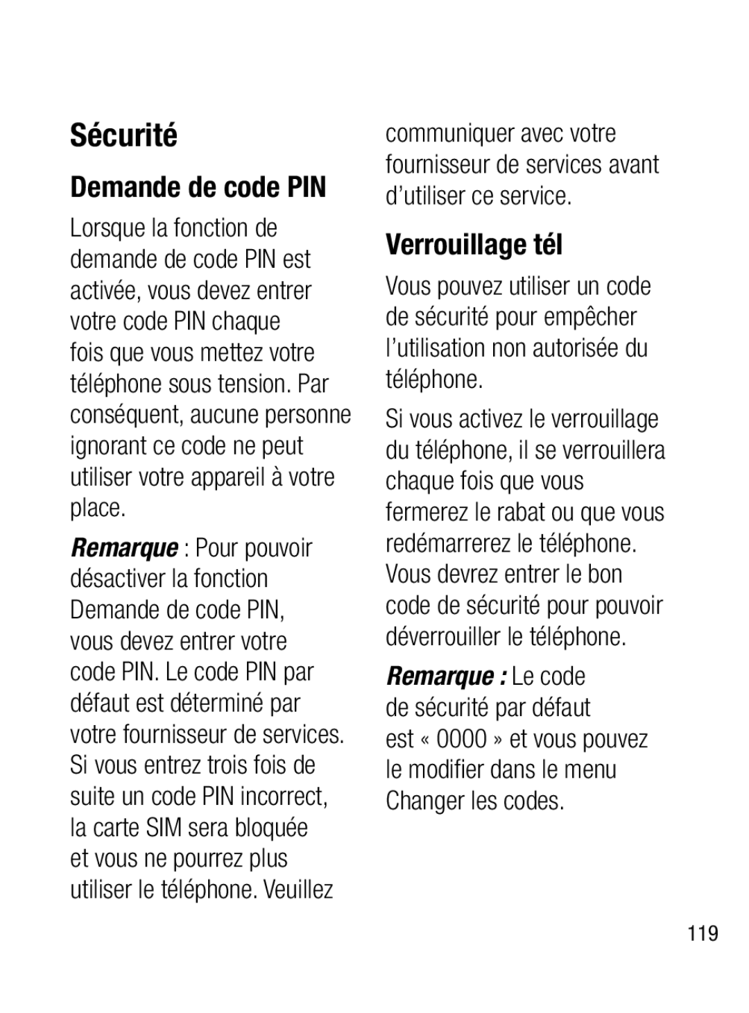 LG Electronics A133R manual Sécurité, Demande de code PIN, Verrouillage tél 