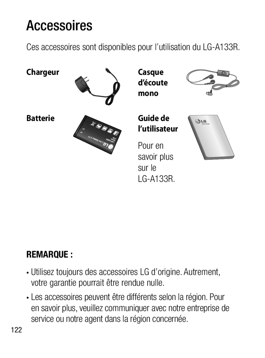 LG Electronics manual Accessoires, Pour en savoir plus sur le LG-A133R 