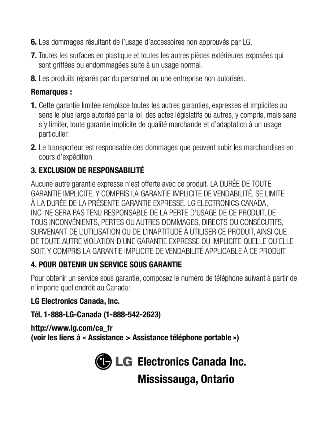 LG Electronics A133R manual Exclusion DE Responsabilité 