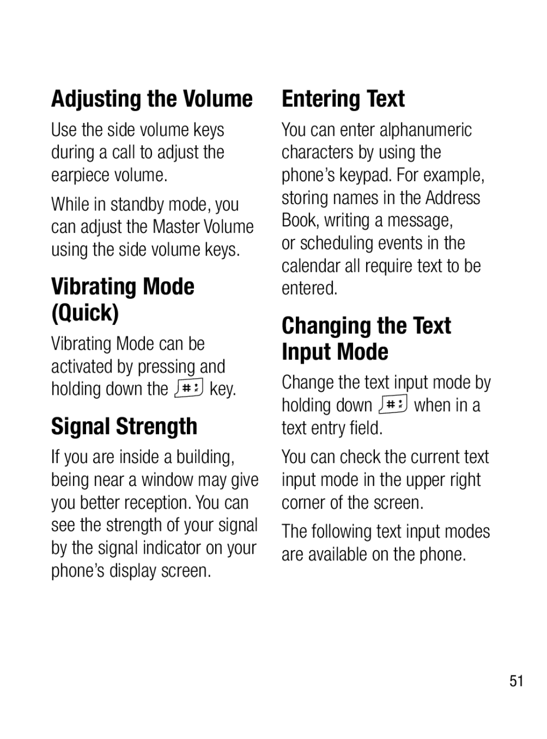 LG Electronics A133R manual Adjusting the Volume, Vibrating Mode Quick, Signal Strength, Entering Text 