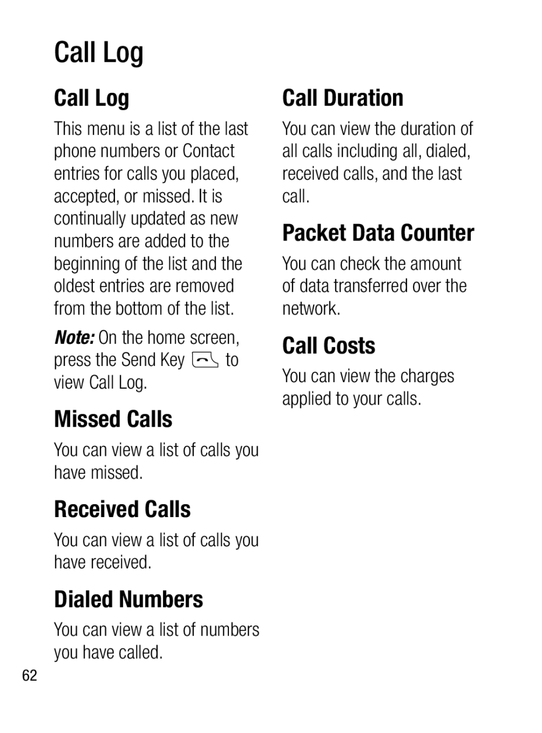 LG Electronics A133R manual Call Log 