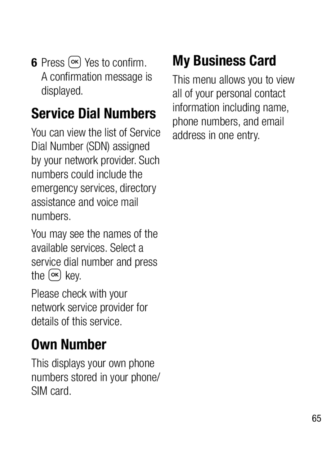 LG Electronics A133R manual Service Dial Numbers, Own Number, My Business Card 