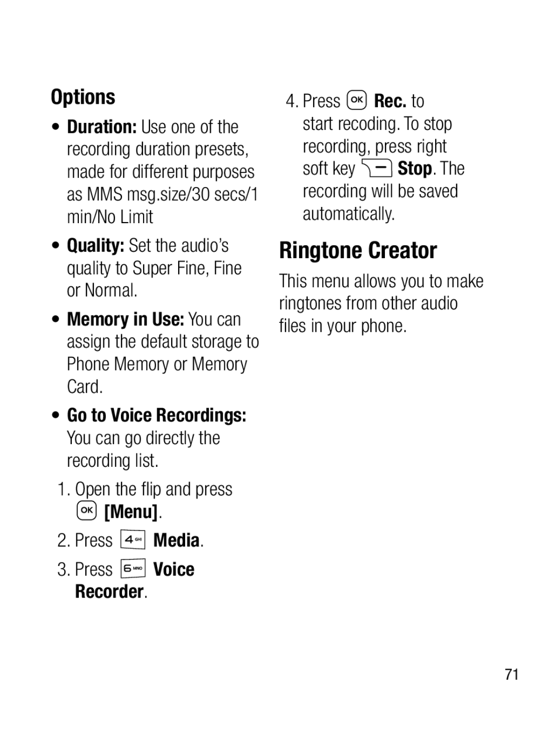 LG Electronics A133R manual Ringtone Creator, Options, Open the ﬂ ip and press Menu Press Media, Recording, press right 