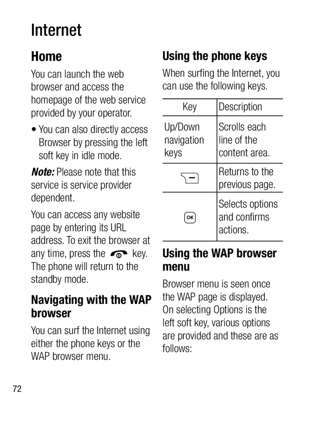 LG Electronics A133R Internet, Home, Navigating with the WAP browser, Using the phone keys, Using the WAP browser menu 