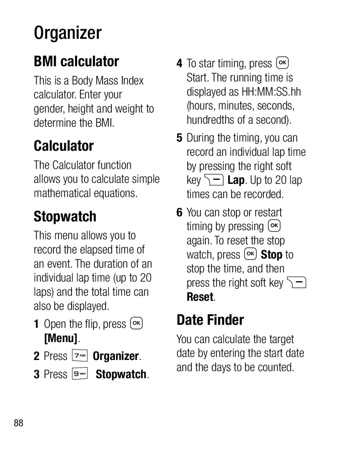 LG Electronics A133R manual BMI calculator, Calculator, Stopwatch, Date Finder 