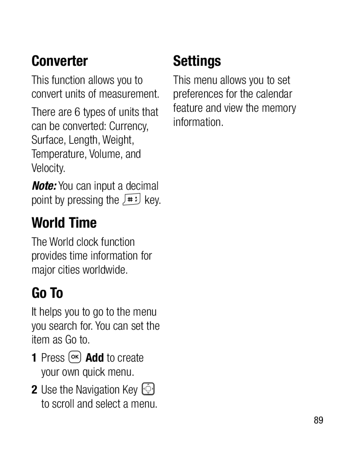 LG Electronics A133R manual Converter, World Time, Go To, Press Add to create your own quick menu 