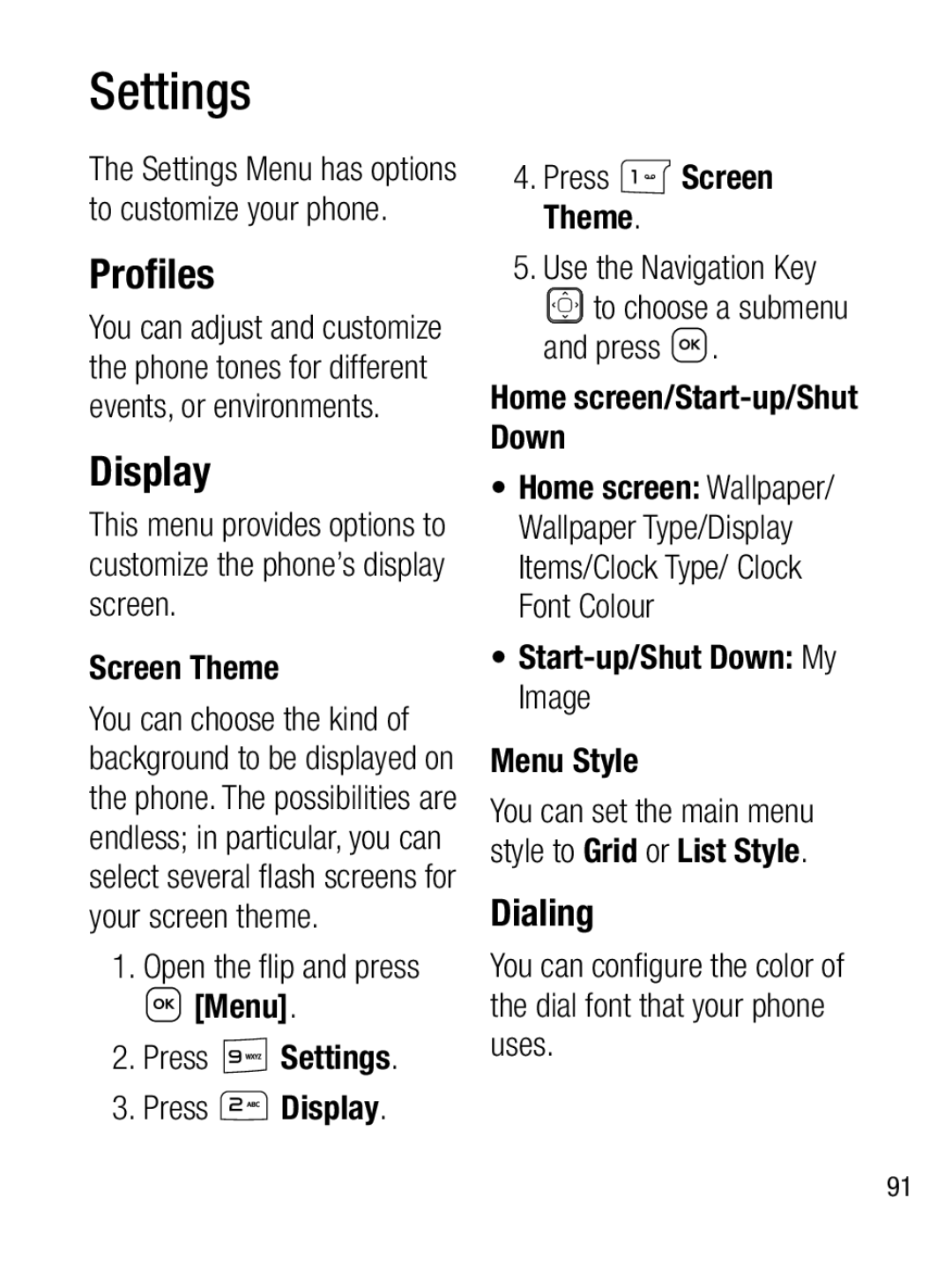 LG Electronics A133R manual Settings, Proﬁles, Display, Dialing, Start-up/Shut Down My Image Menu Style 