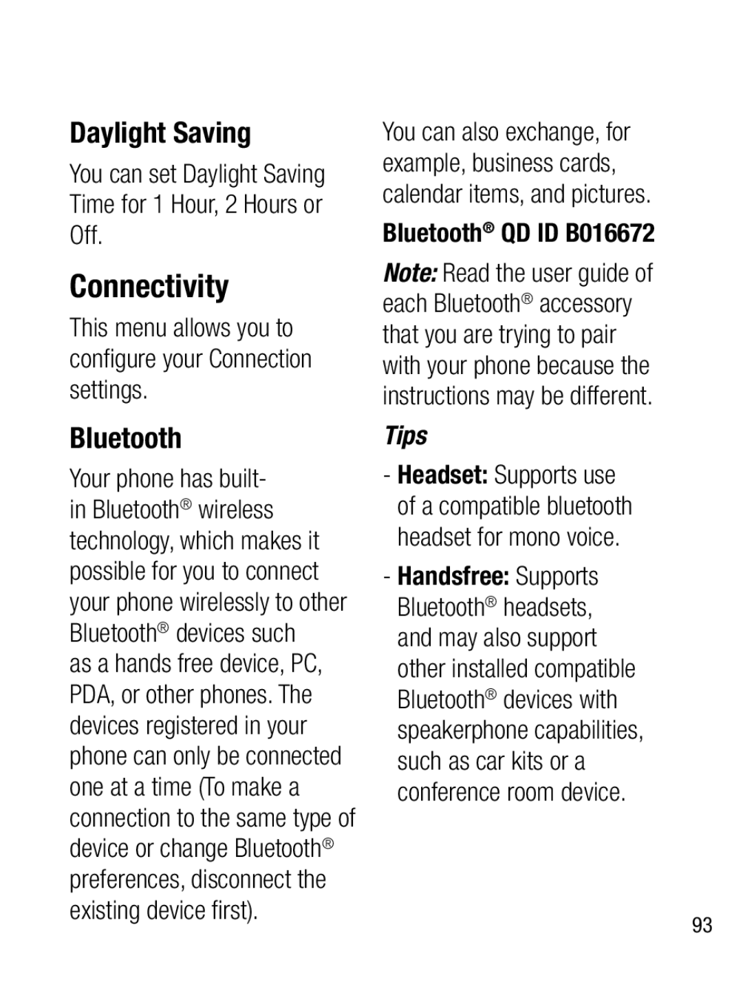 LG Electronics A133R manual Connectivity, Daylight Saving, Bluetooth 