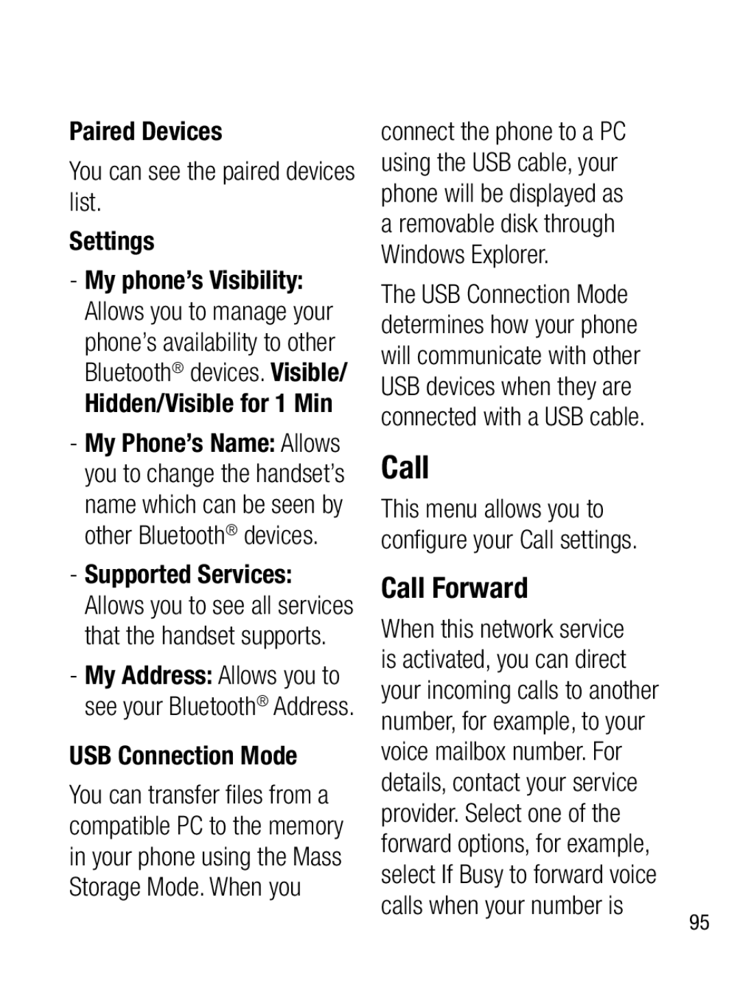 LG Electronics A133R Call Forward, Paired Devices You can see the paired devices list Settings, USB Connection Mode 