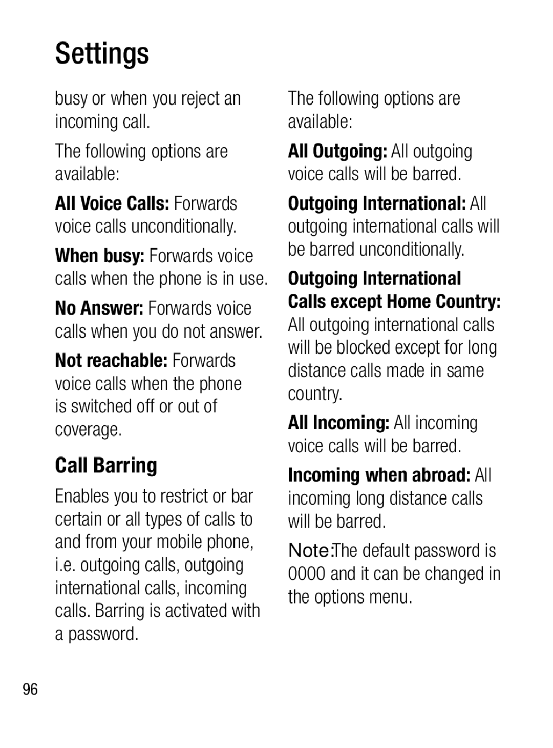 LG Electronics A133R manual Call Barring, Following options are available 