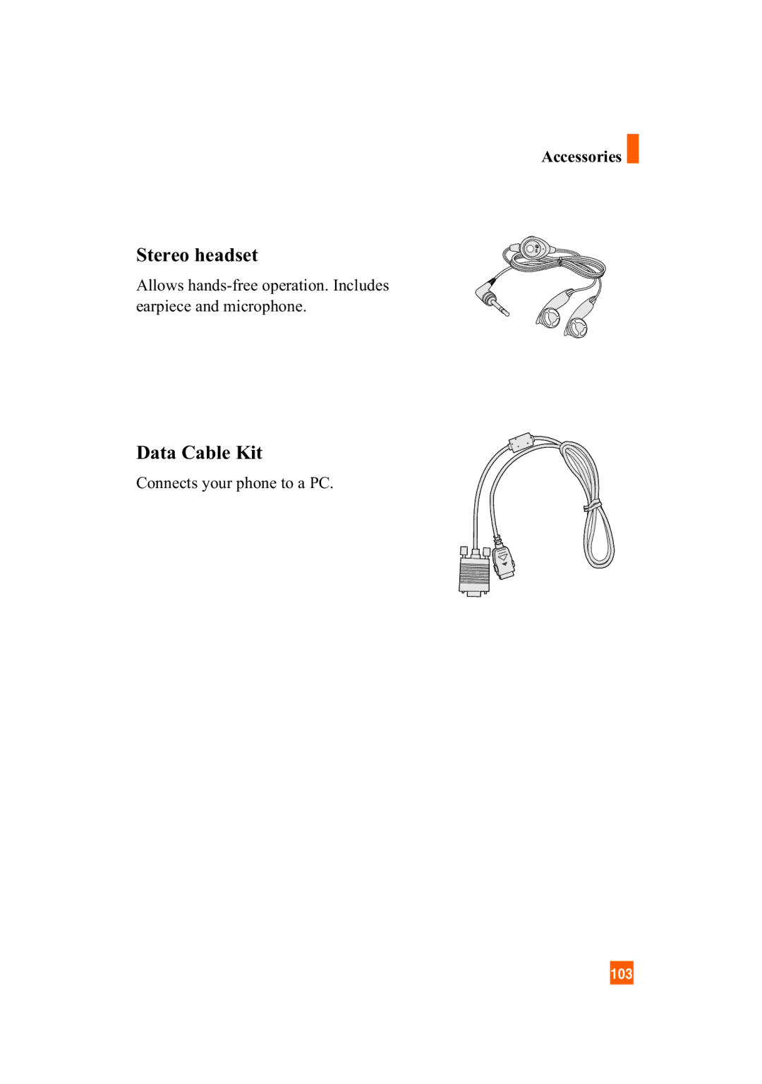 LG Electronics A7110 manual Stereo headset, Data Cable Kit, Accessories 