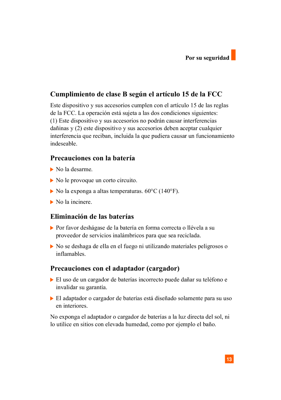 LG Electronics A7110 manual Cumplimiento de clase B según el artículo 15 de la FCC, Precauciones con la batería 