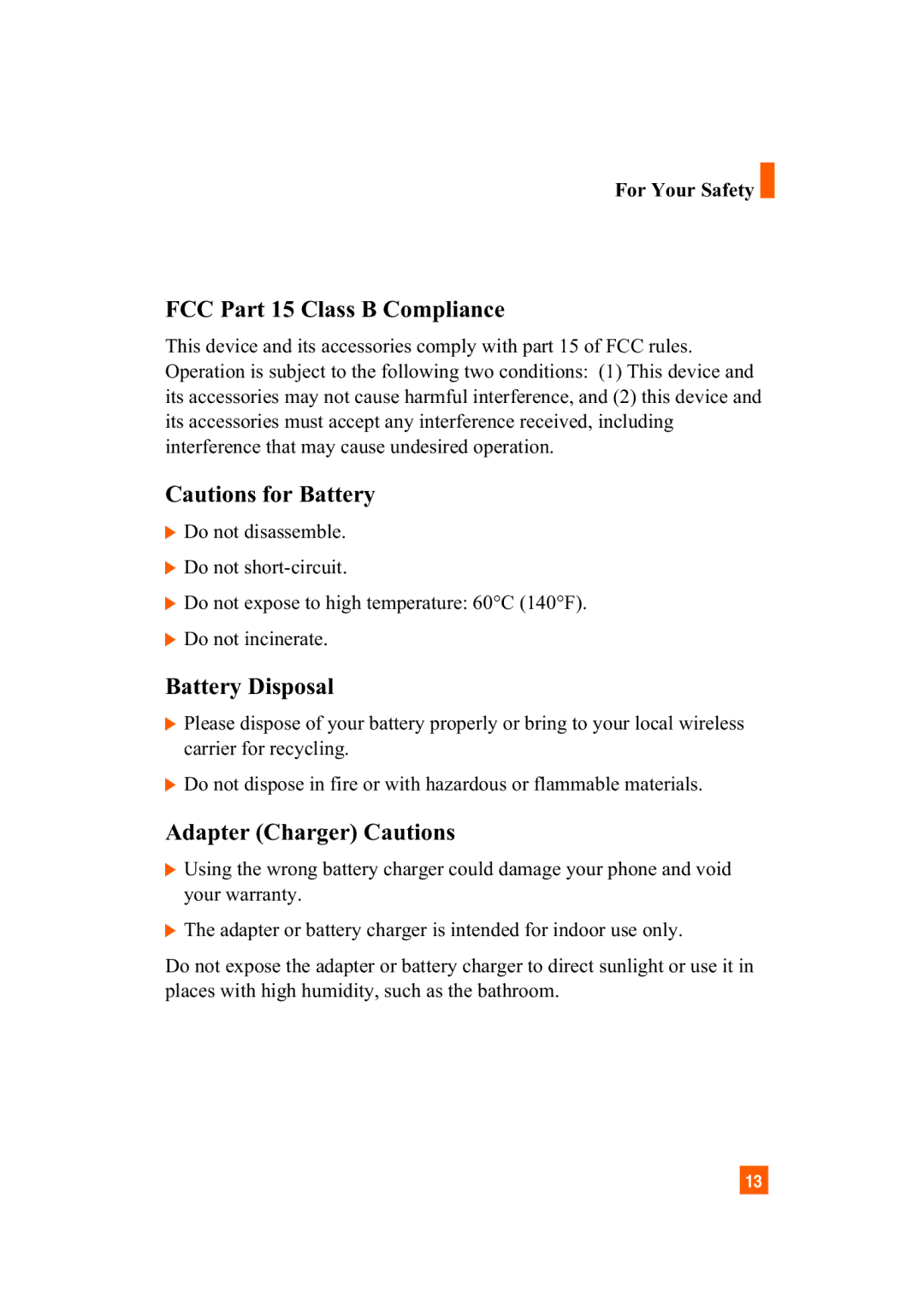 LG Electronics A7110 manual FCC Part 15 Class B Compliance, Battery Disposal, Adapter Charger Cautions 