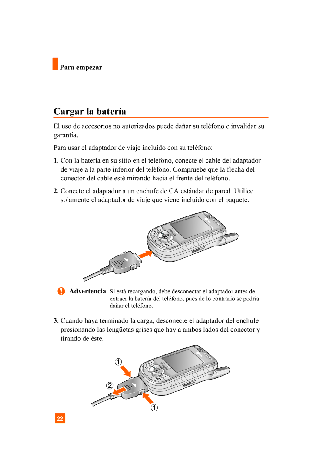 LG Electronics A7110 manual Cargar la batería 