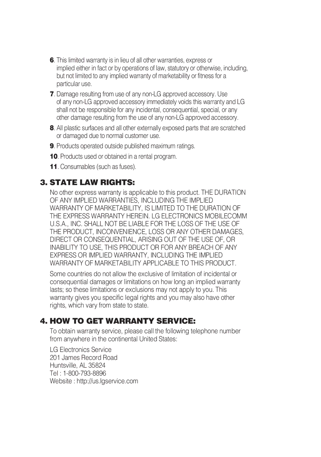 LG Electronics A7110 manual State LAW Rights 