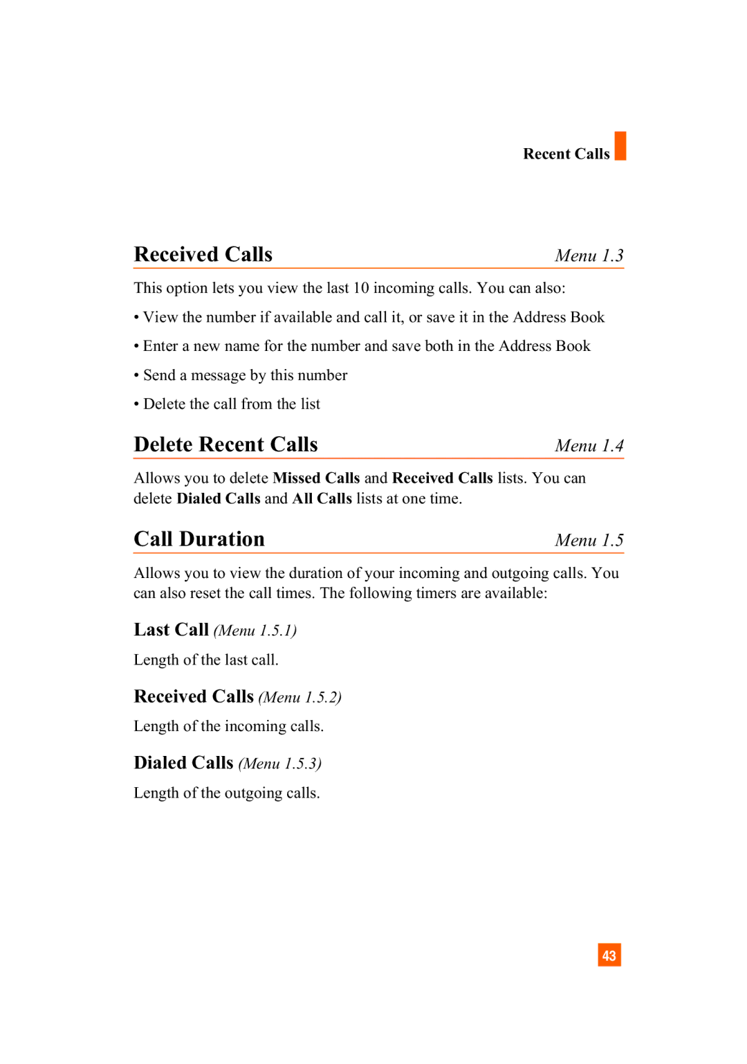 LG Electronics A7110 manual Delete Recent Calls, Call Duration, Received Calls Menu, Dialed Calls Menu 