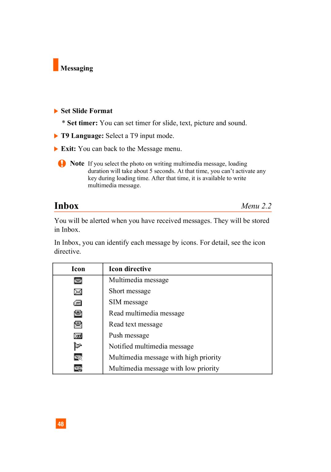 LG Electronics A7110 manual Inbox, Messaging Set Slide Format, Icon Icon directive 