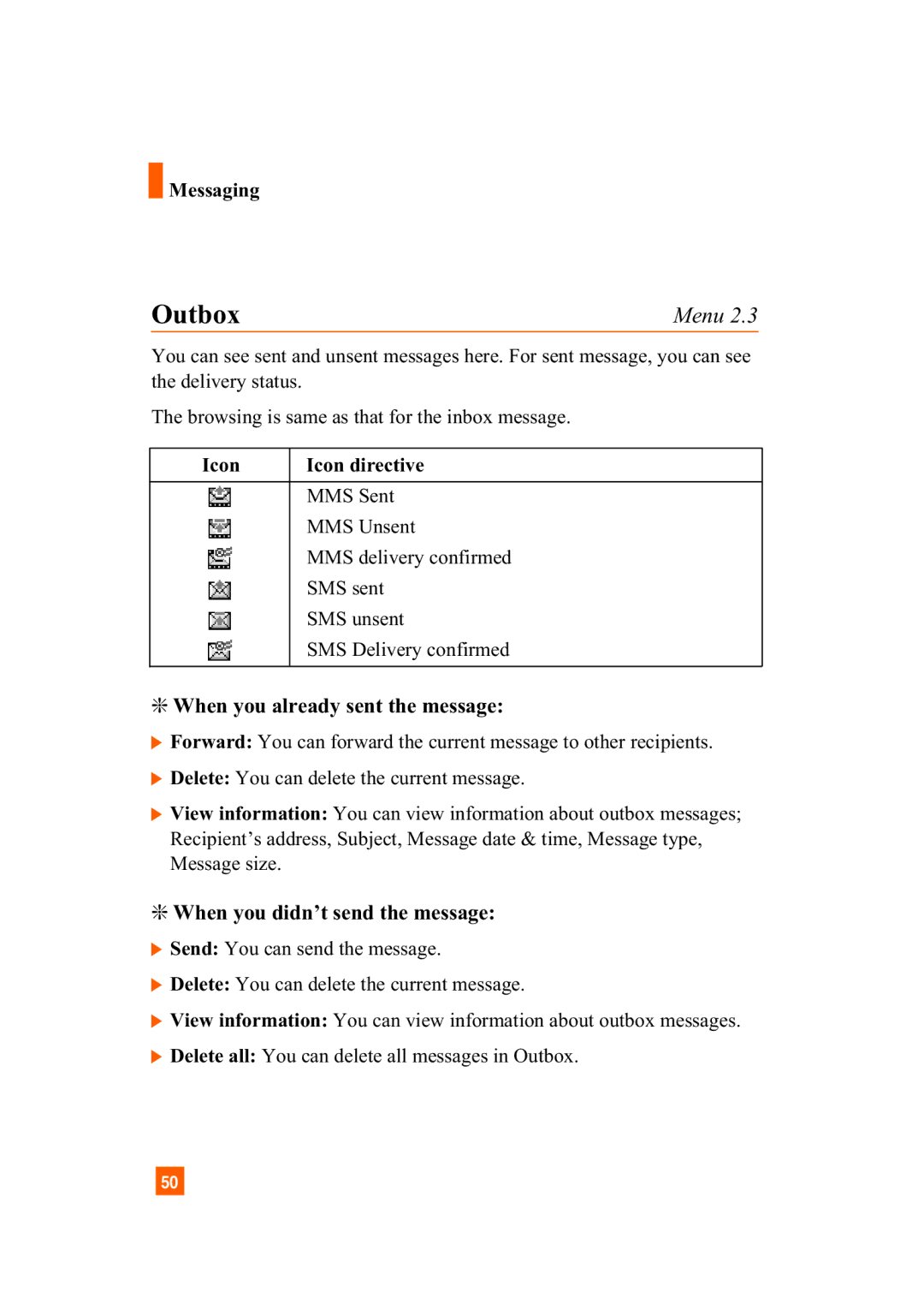 LG Electronics A7110 manual Outbox, When you already sent the message, When you didn’t send the message 