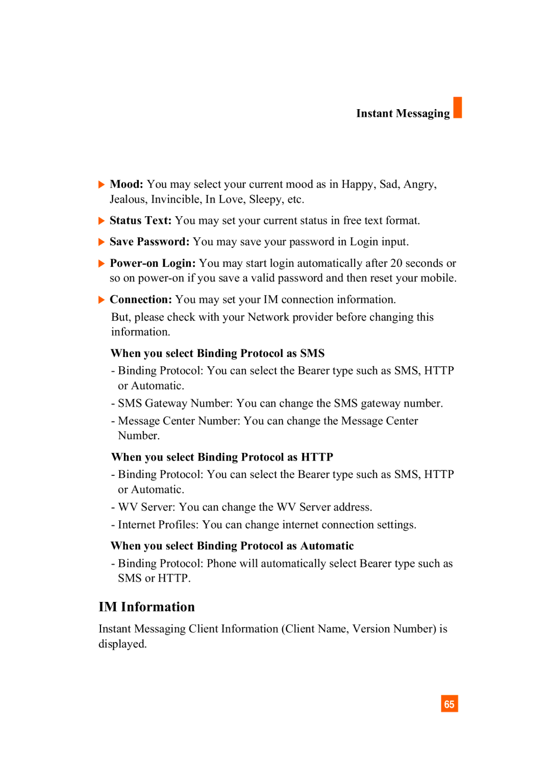 LG Electronics A7110 manual IM Information, Instant Messaging, When you select Binding Protocol as SMS 