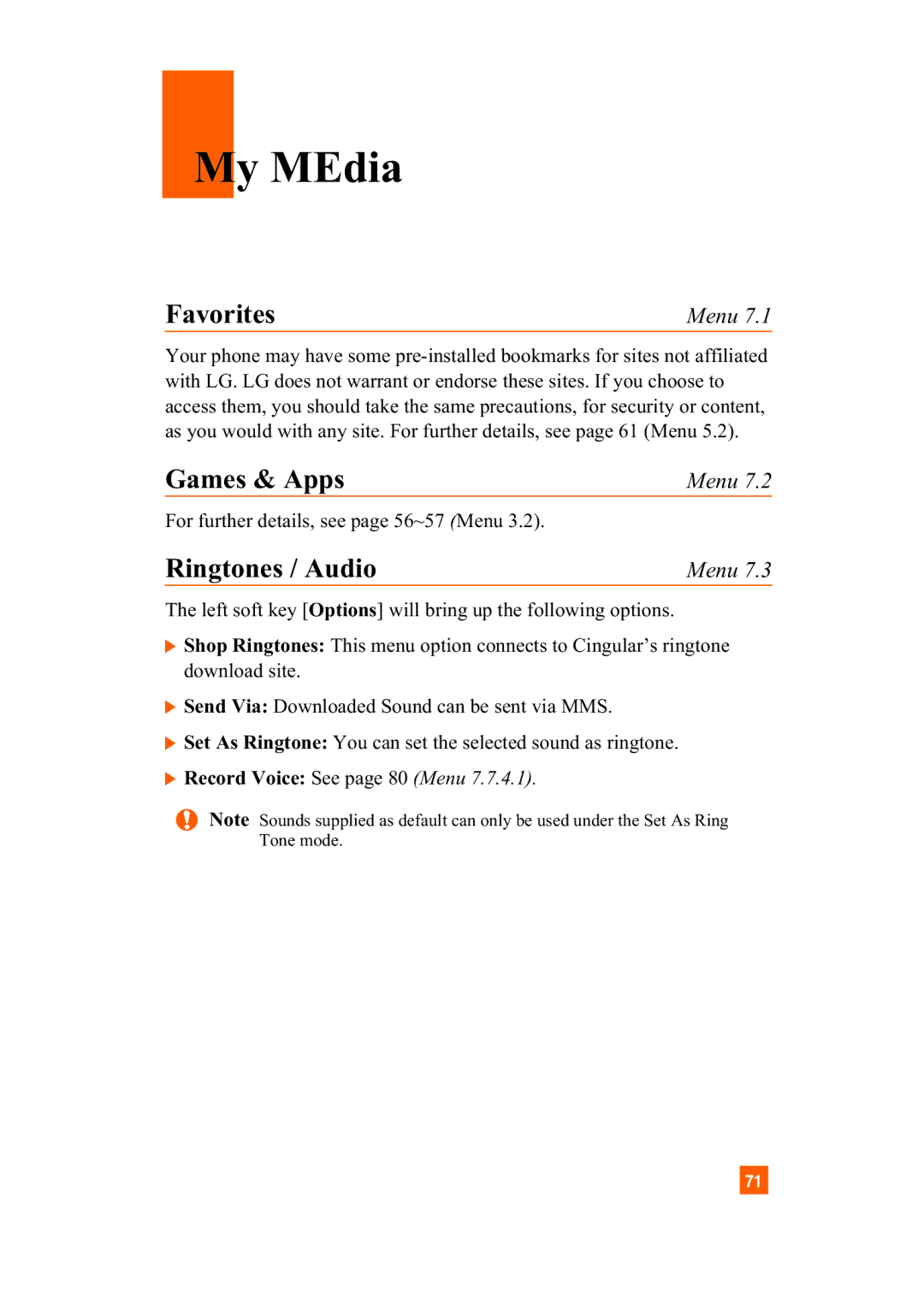LG Electronics A7110 manual My MEdia, Ringtones / Audio, Record Voice See page 80 Menu 