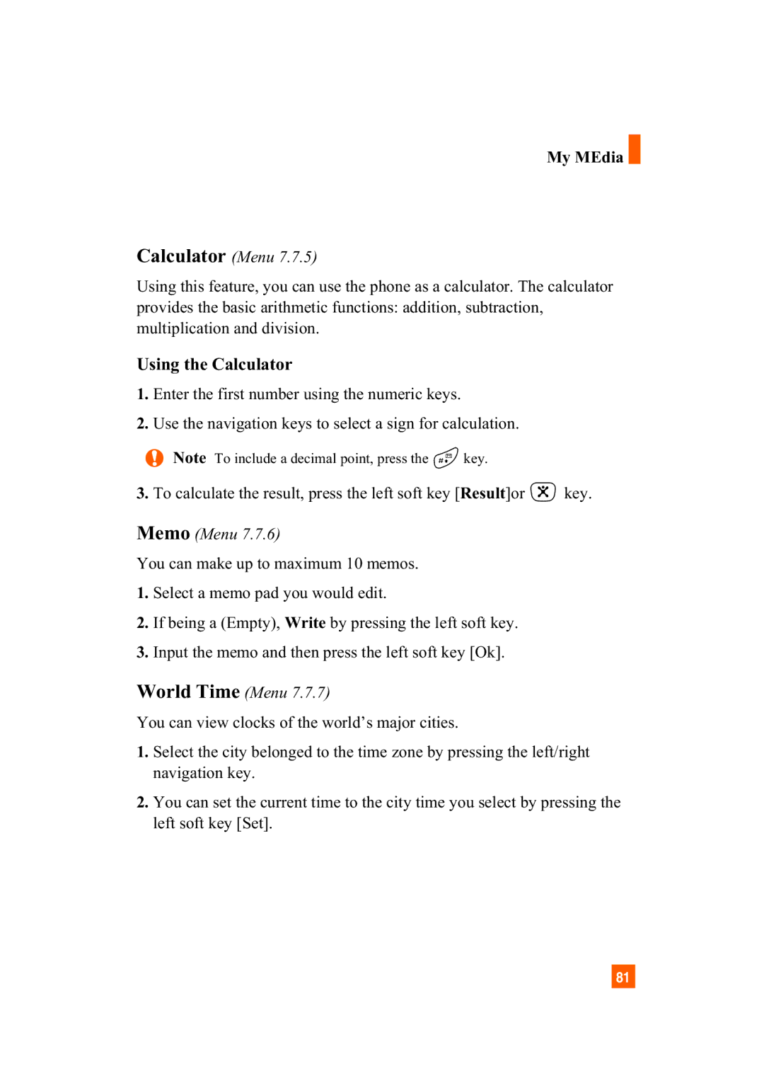 LG Electronics A7110 manual Calculator Menu, Using the Calculator, Memo Menu, World Time Menu 