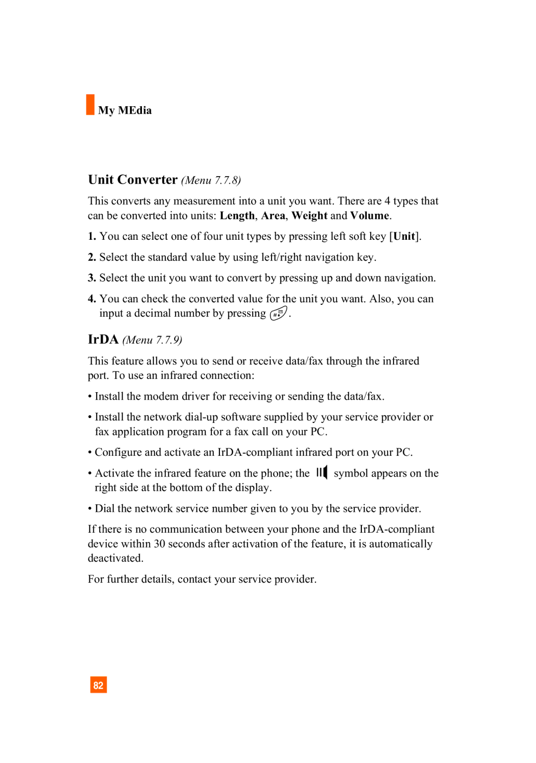 LG Electronics A7110 manual Unit Converter Menu, IrDA Menu 