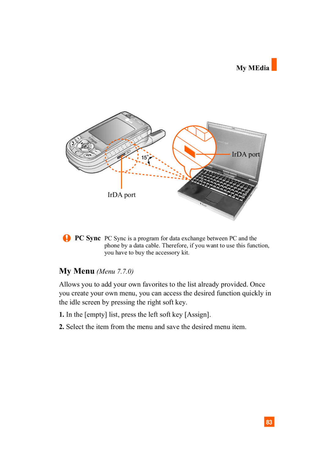 LG Electronics A7110 manual IrDA port, My Menu Menu 