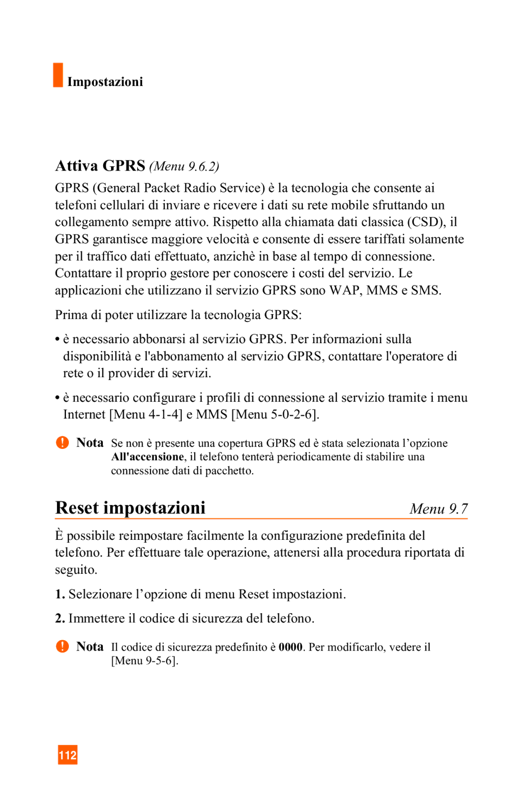 LG Electronics A7150 manual Reset impostazioni, Attiva Gprs Menu 