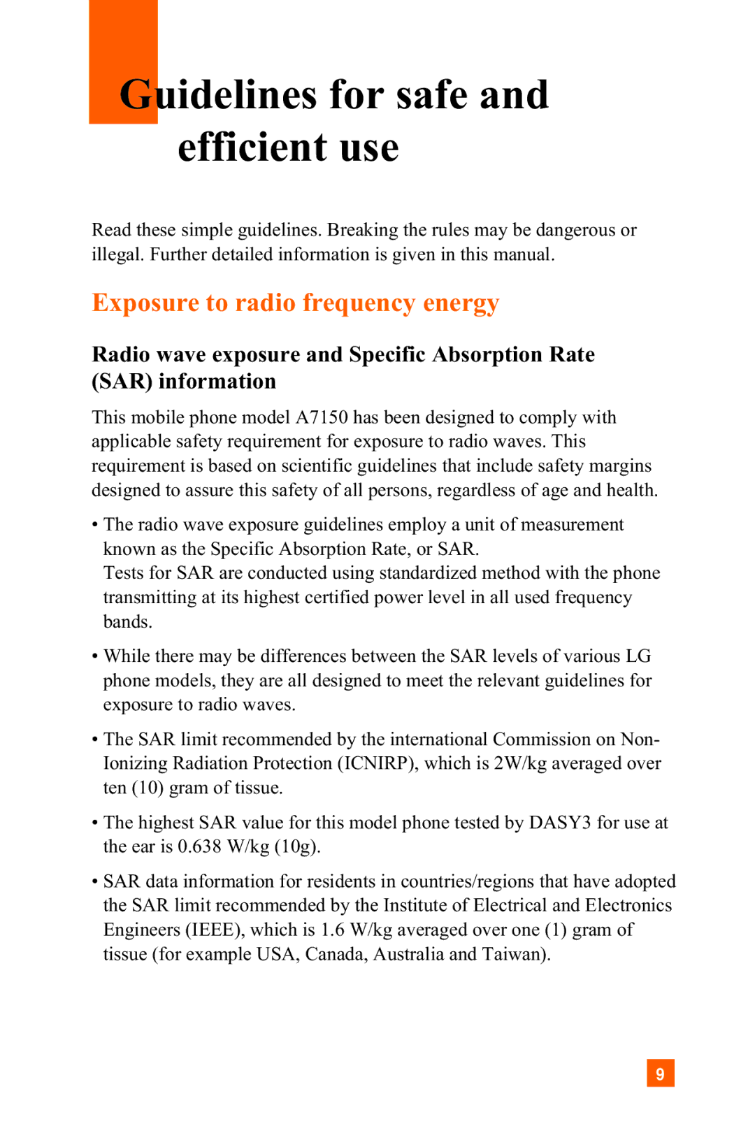 LG Electronics A7150 manual Guidelines for safe and efficient use, Exposure to radio frequency energy 