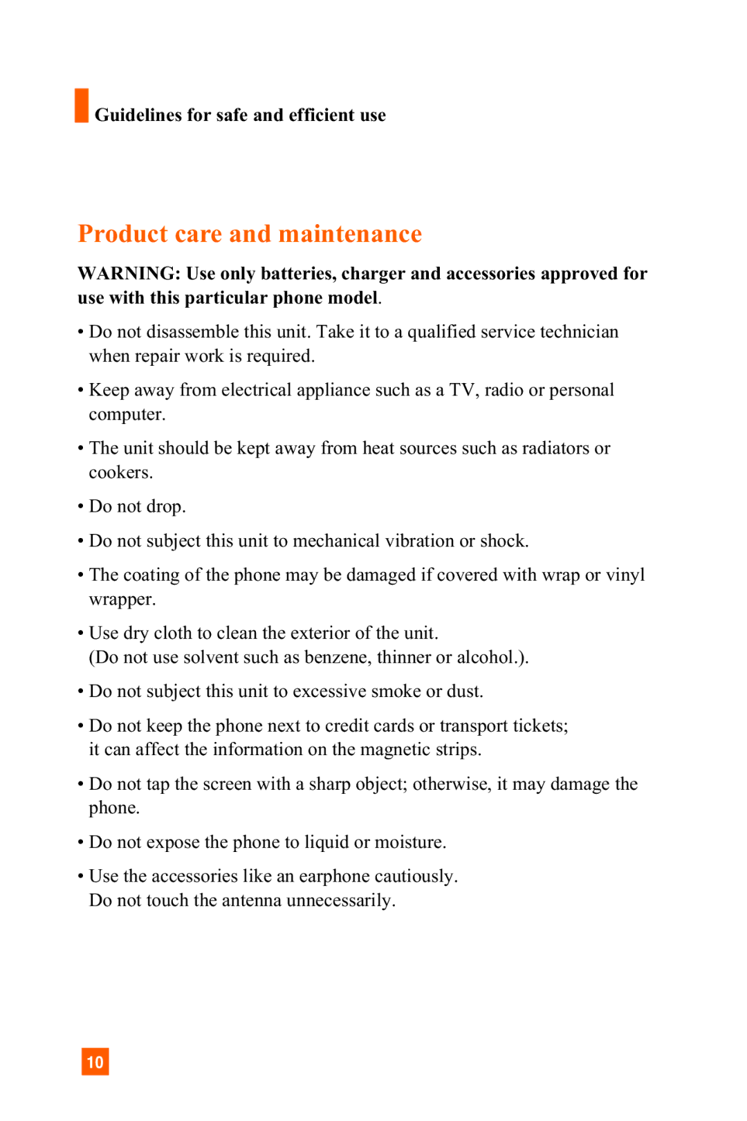 LG Electronics A7150 manual Product care and maintenance, Guidelines for safe and efficient use 