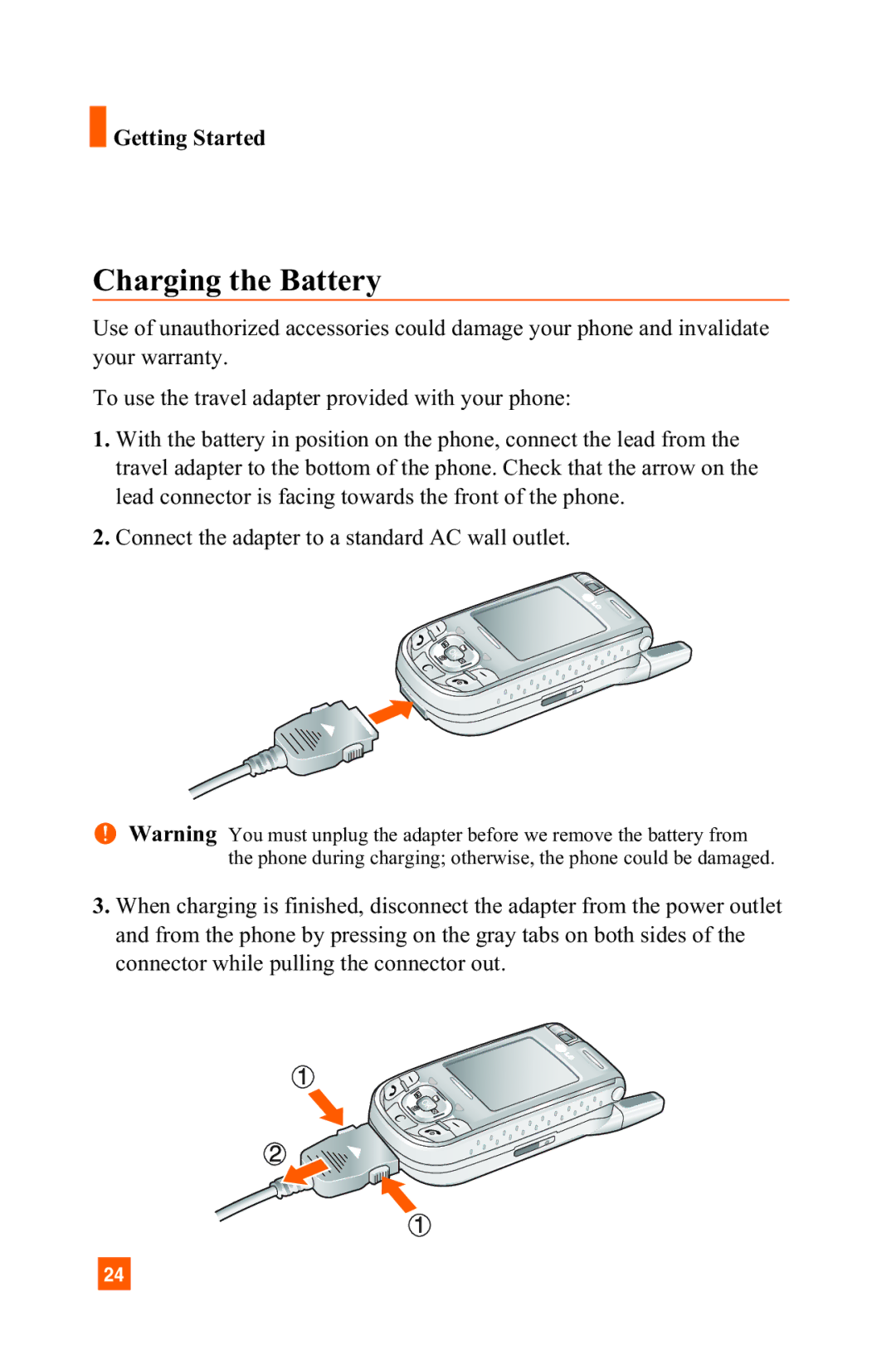 LG Electronics A7150 manual Charging the Battery 