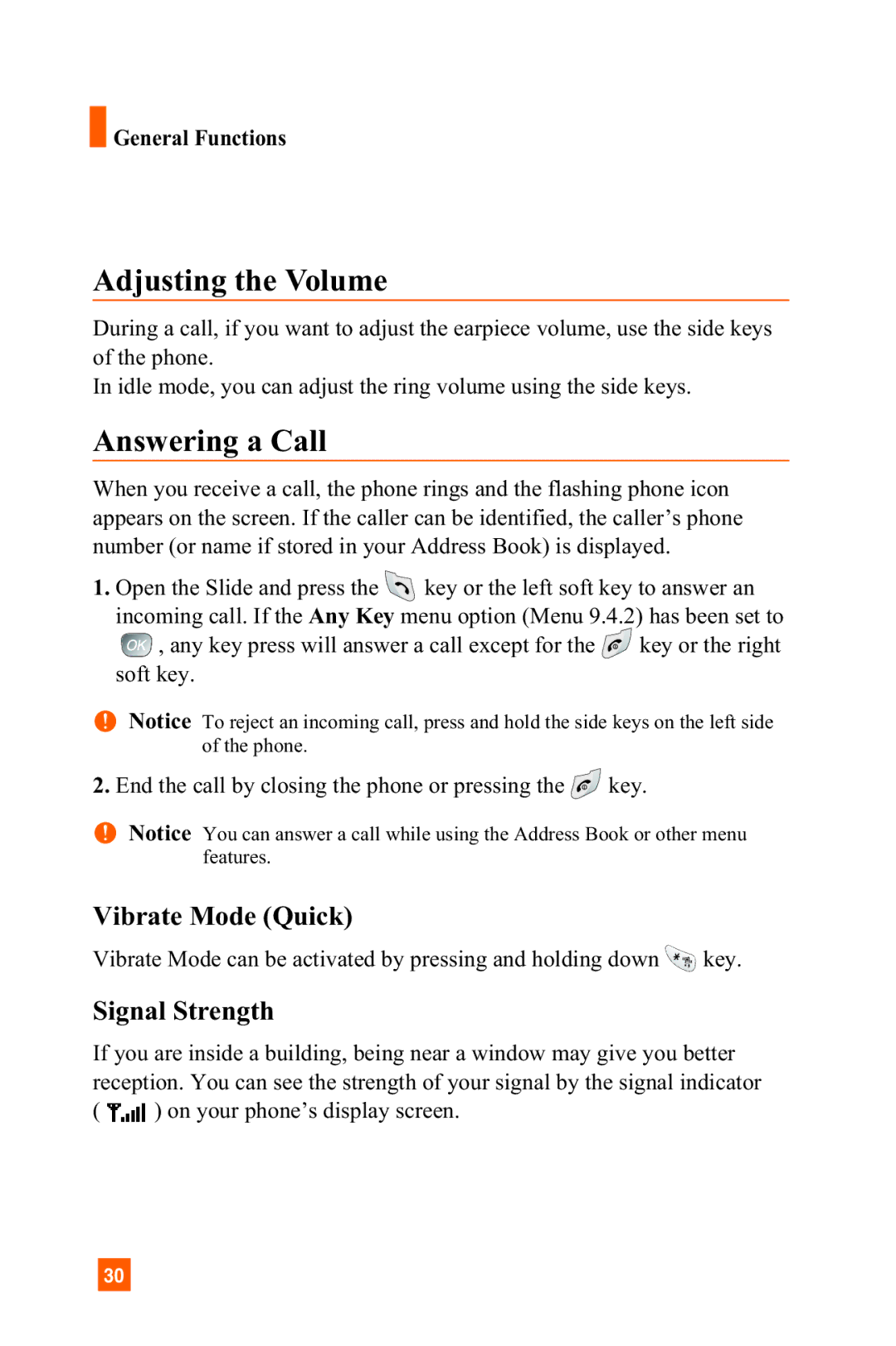 LG Electronics A7150 manual Adjusting the Volume, Answering a Call, Vibrate Mode Quick, Signal Strength, General Functions 