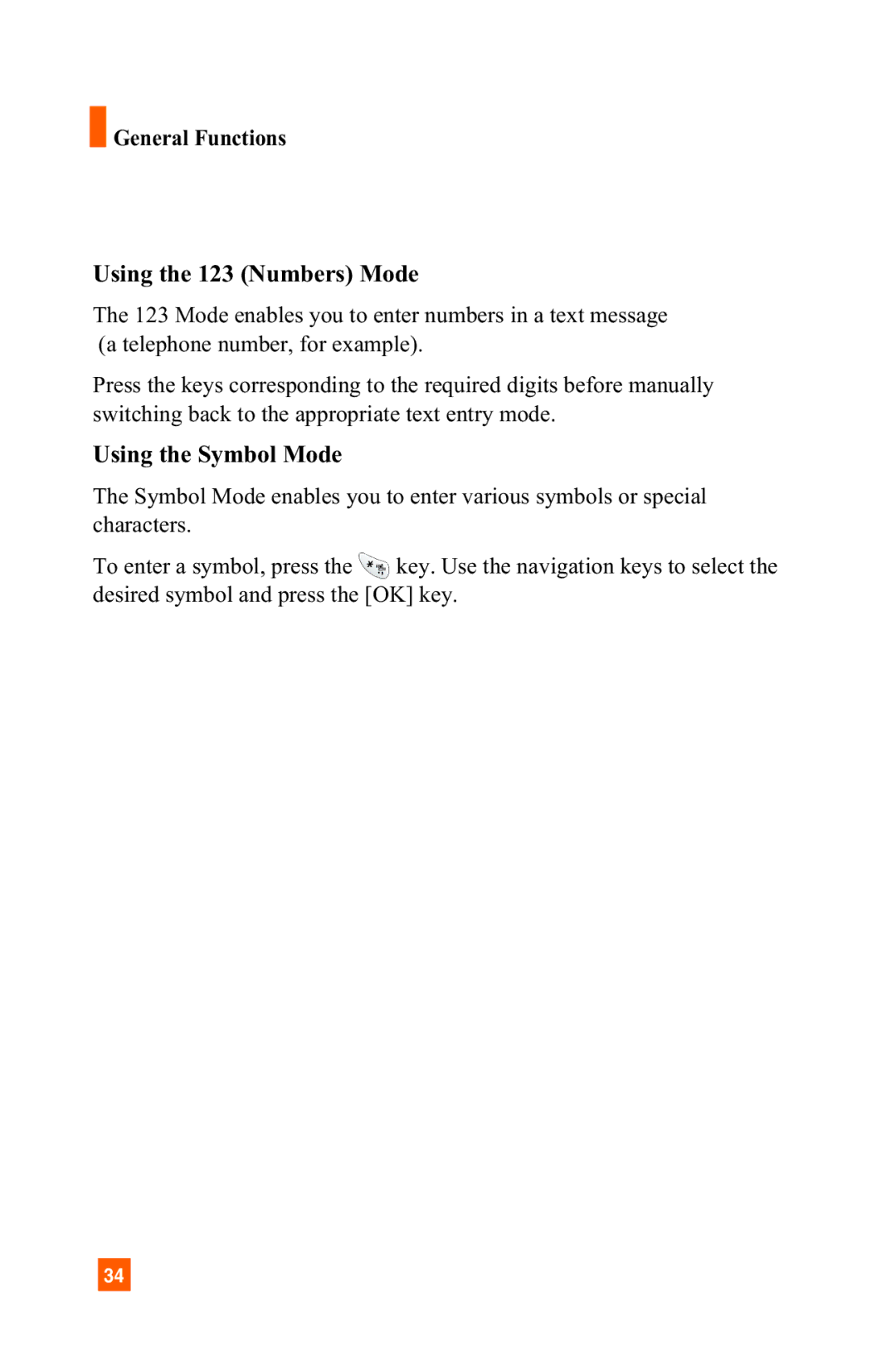 LG Electronics A7150 manual General Functions Using the 123 Numbers Mode, Using the Symbol Mode 