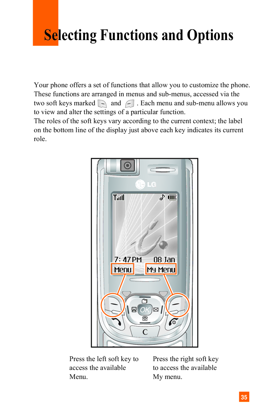 LG Electronics A7150 manual Selecting Functions and Options 