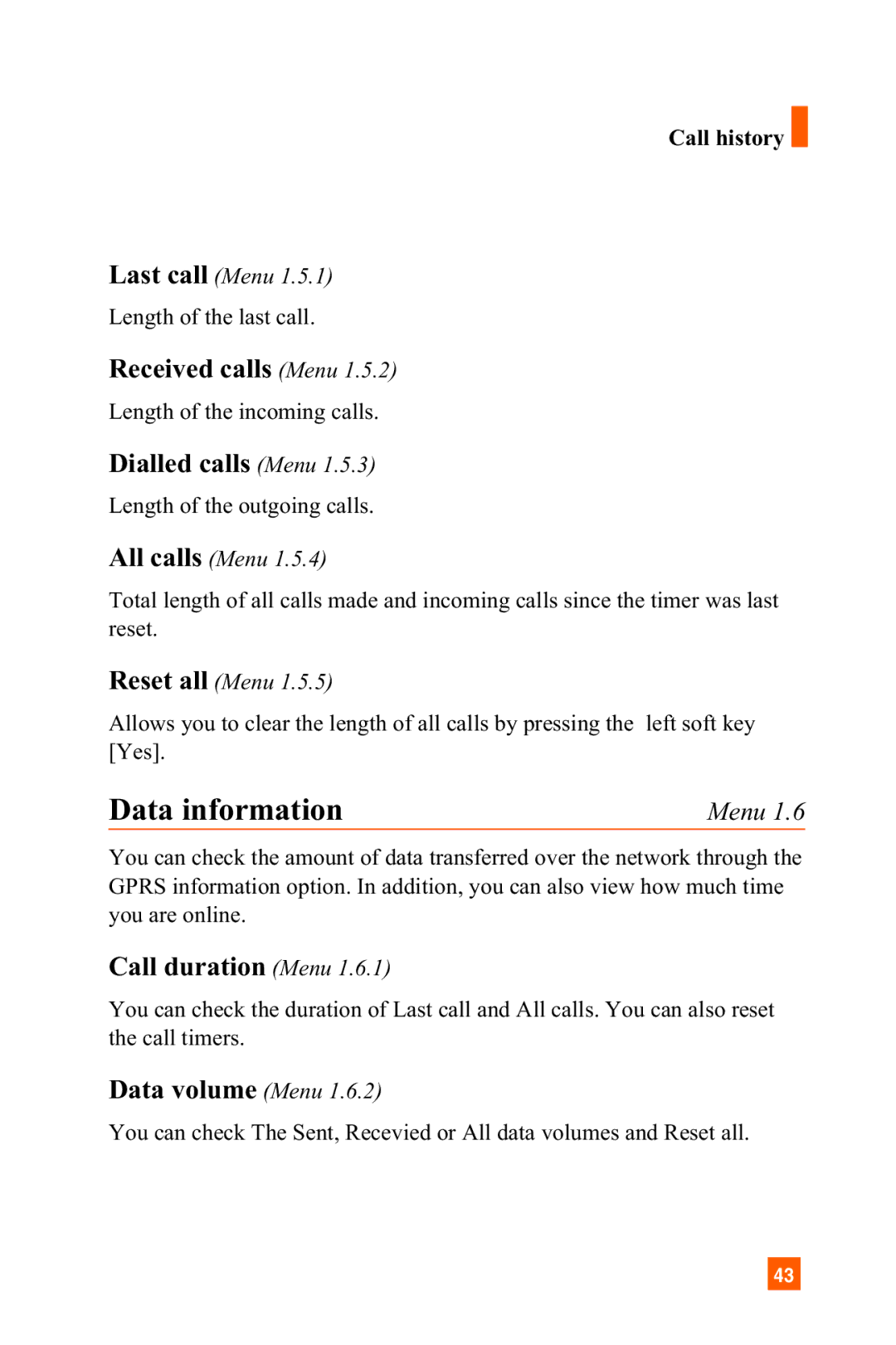 LG Electronics A7150 manual Data information, Received calls Menu, Dialled calls Menu, Call duration Menu, Data volume Menu 