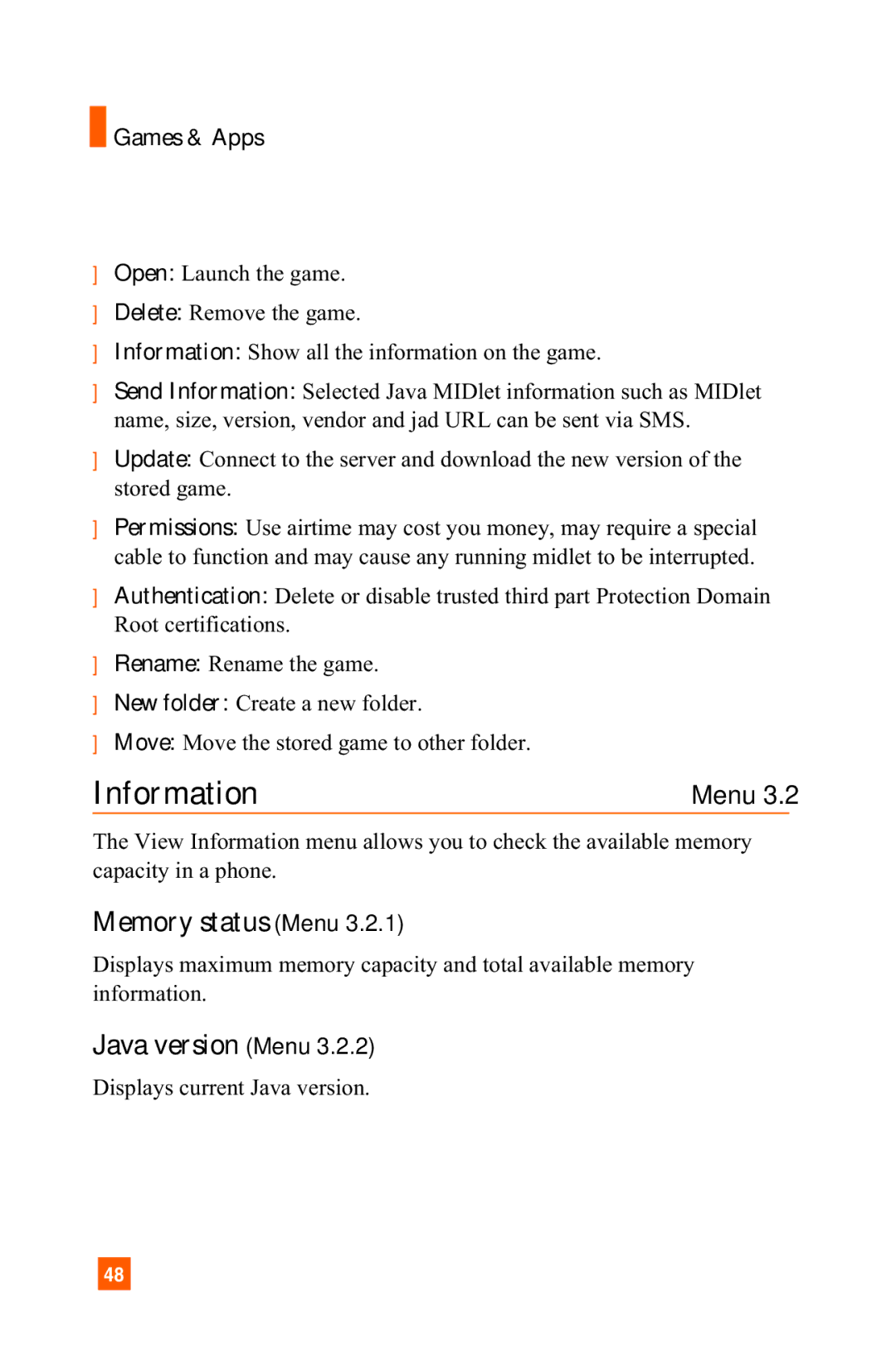 LG Electronics A7150 manual Information, Memory status Menu, Java version Menu, Games & Apps 