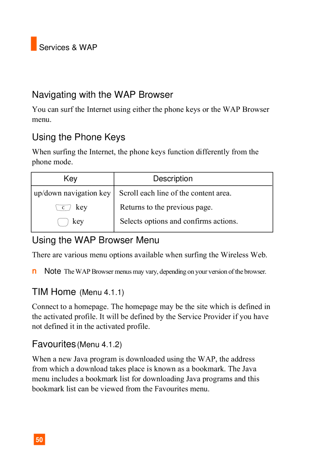 LG Electronics A7150 Navigating with the WAP Browser, Using the Phone Keys, Using the WAP Browser Menu, Services & WAP 