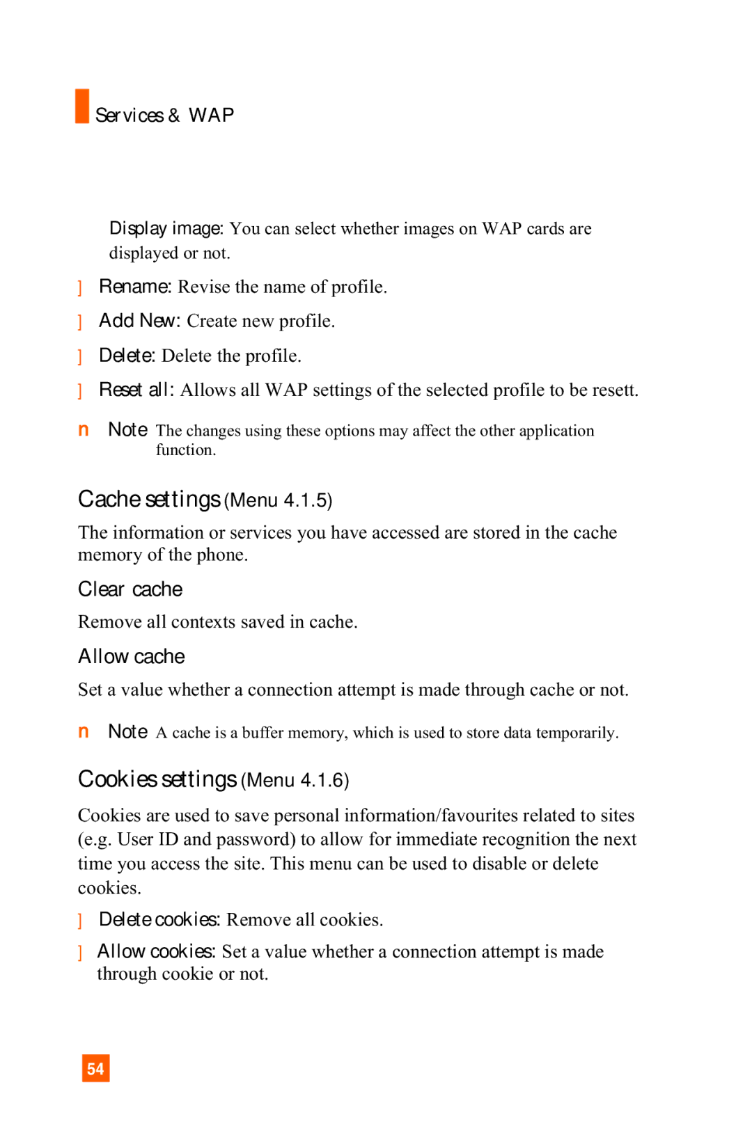 LG Electronics A7150 manual Cache settings Menu, Cookies settings Menu, Clear cache, Allow cache 